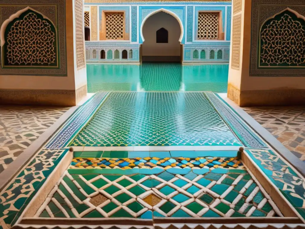 Detalles vibrantes de la Madraza Bou Inania en Fez, corazón cultural de Marruecos