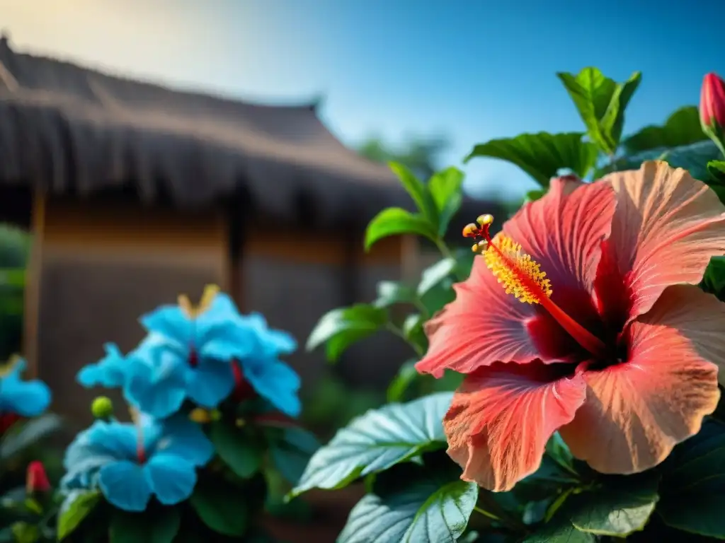 Detalles vibrantes de hibiscos rojos en un jardín africano, inspirando la 'Influencia africana en repostería mundial'