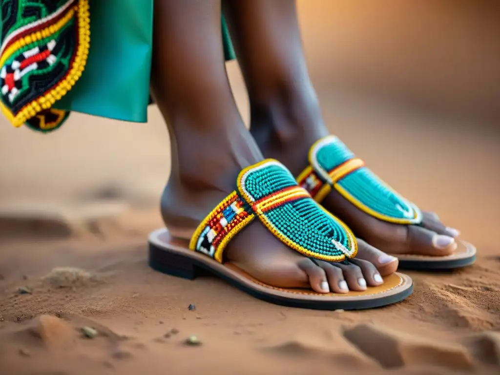 Detalles vibrantes de la influencia calzado tendencias africanas en sandalias artesanales adornadas con intrincado trabajo de cuentas