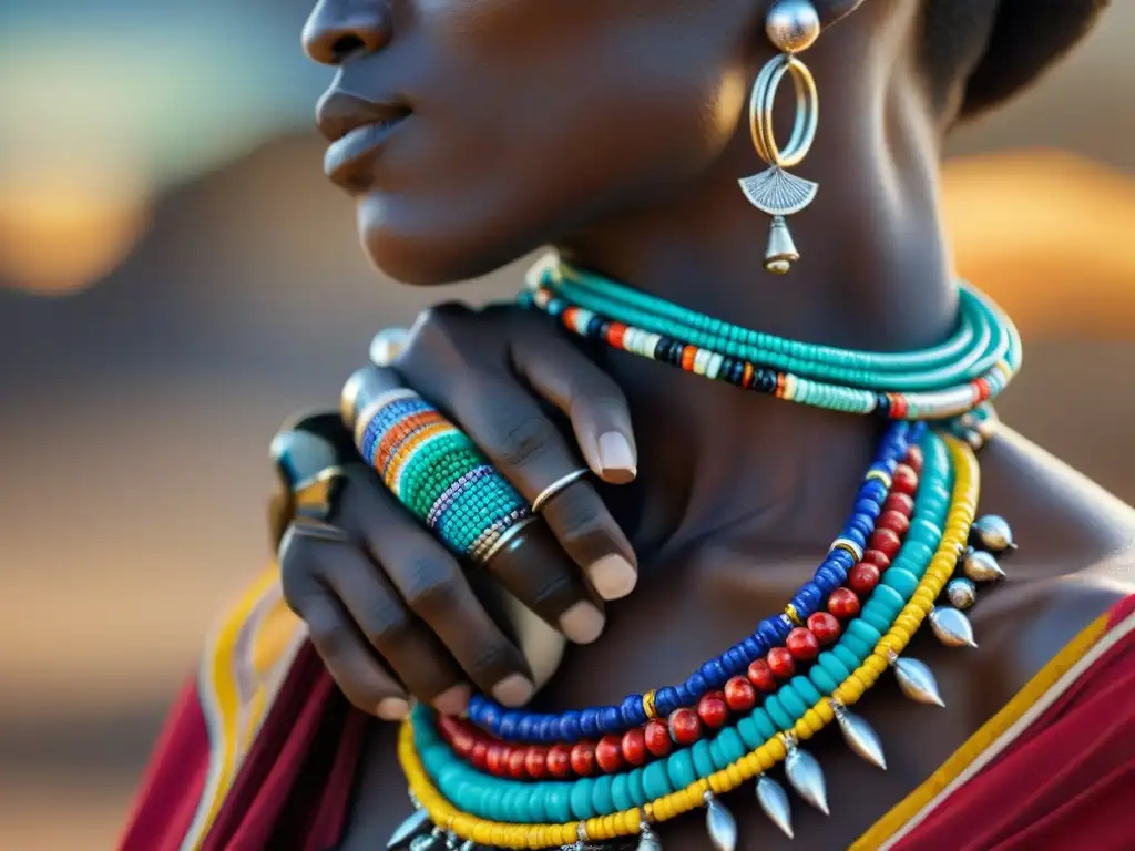 Detalles vibrantes de la joyería africana, resaltando el significado cultural en la mano de una maasai