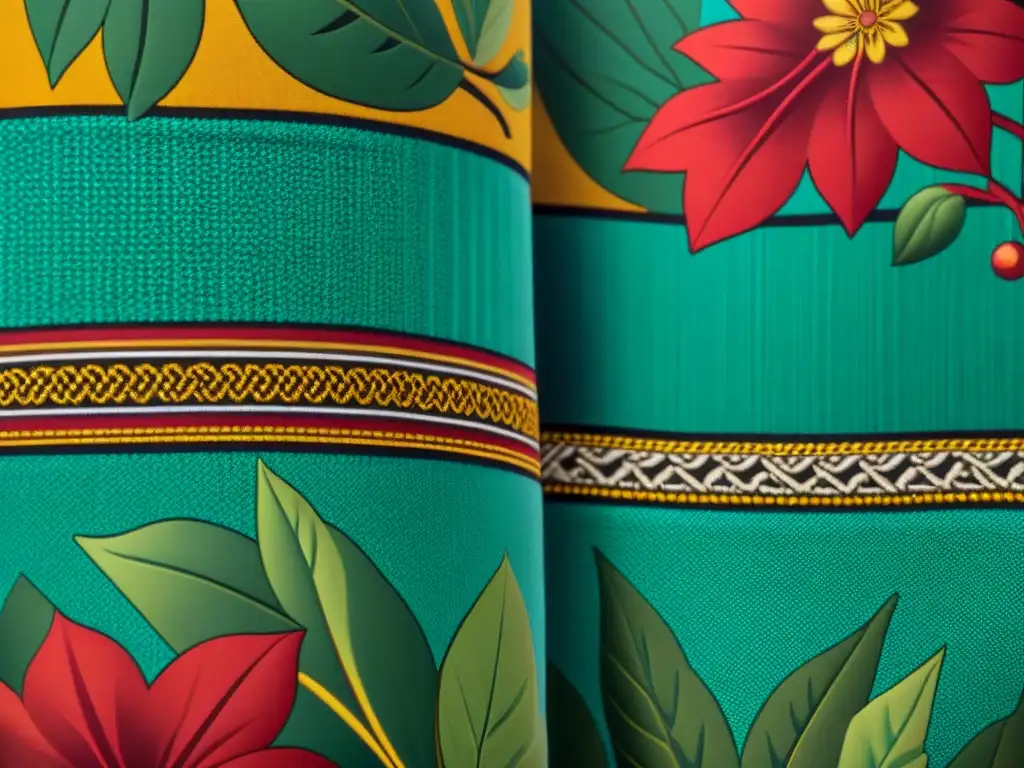 Detalles vibrantes de un patrón textil africano con motivos vegetales, reflejo del significado en el arte africano