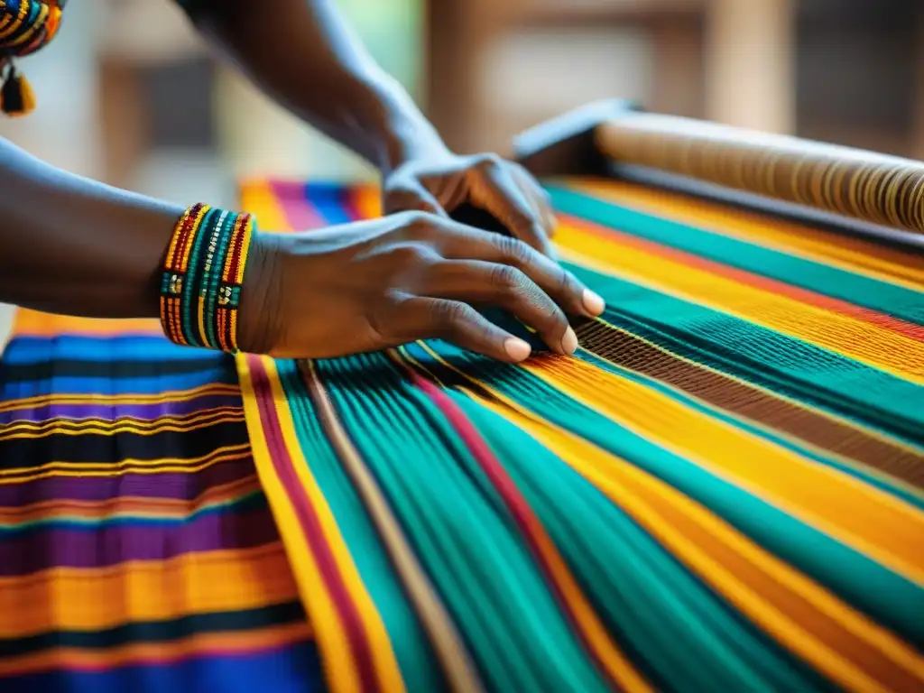 Detalles vibrantes y patrones intrincados en tejido Kente africano: manos expertas en telar