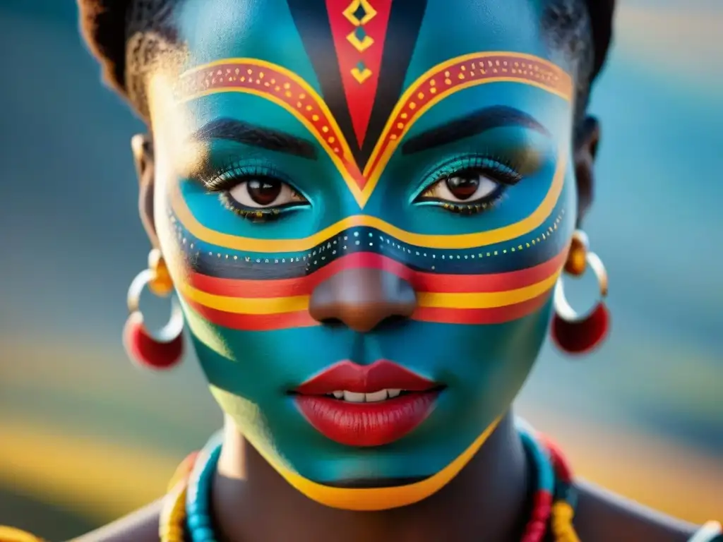 Detalles vibrantes de la pintura facial tradicional africana, influencia de patrones de belleza africanos