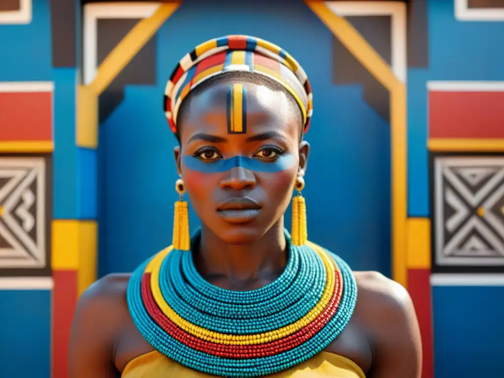 Detalles vibrantes de una pintura tradicional de casa Ndebele en Sudáfrica, resaltando la iconografía de los Reinos Africanos