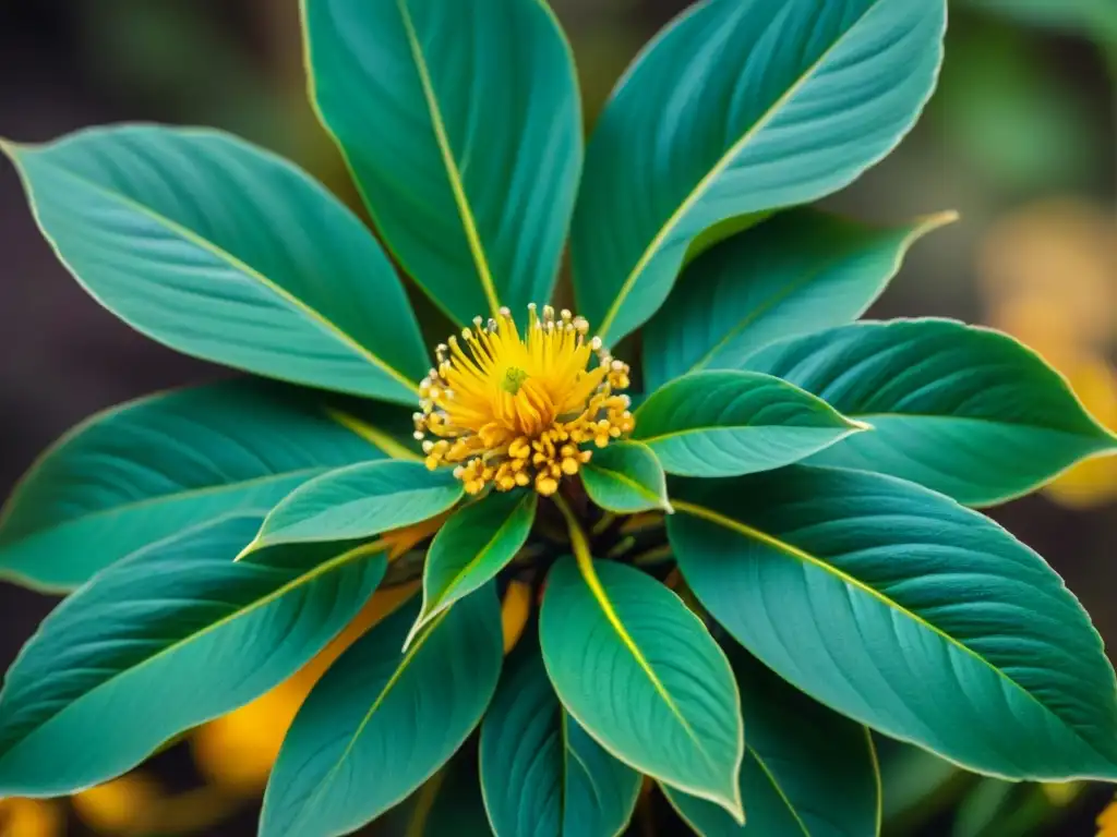 Detalles vibrantes de la planta iboga en África, con hojas verdes y flores amarillo blanquecinas