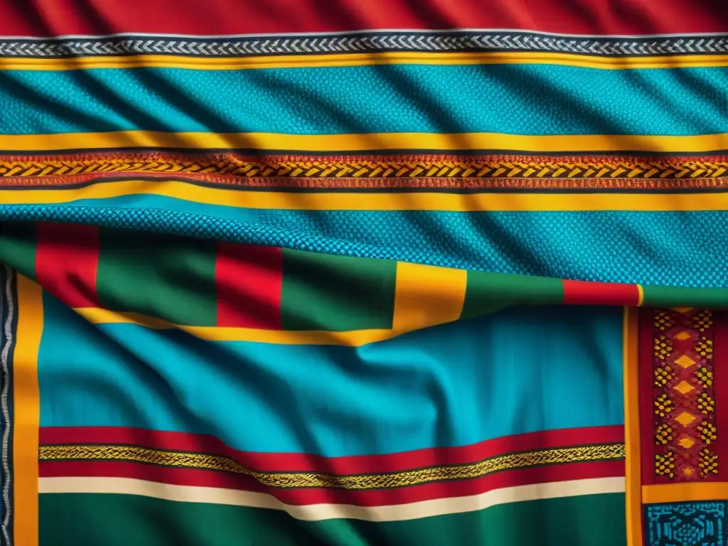 Textura vibrante de tela africana: rojo, naranja, amarillo, verde y azul Detalles vibrantes y simbolismo en moda africana: tejido tradicional africano con rica paleta de colores en rojo, naranja, amarillo, verde y azul