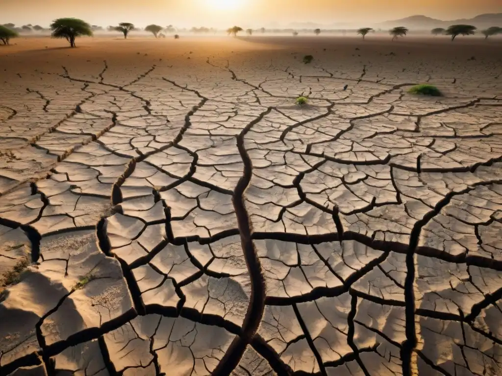 Devastadora sequía en el Sahel, con tierra agrietada y cultivos marchitos, ilustrando el impacto del cambio climático en civilizaciones africanas