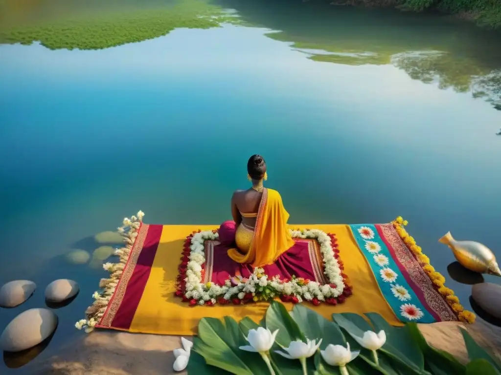 Devotos en vibrantes atuendos tradicionales rinden culto a Mami Wata en África, bajo el sol africano brillante