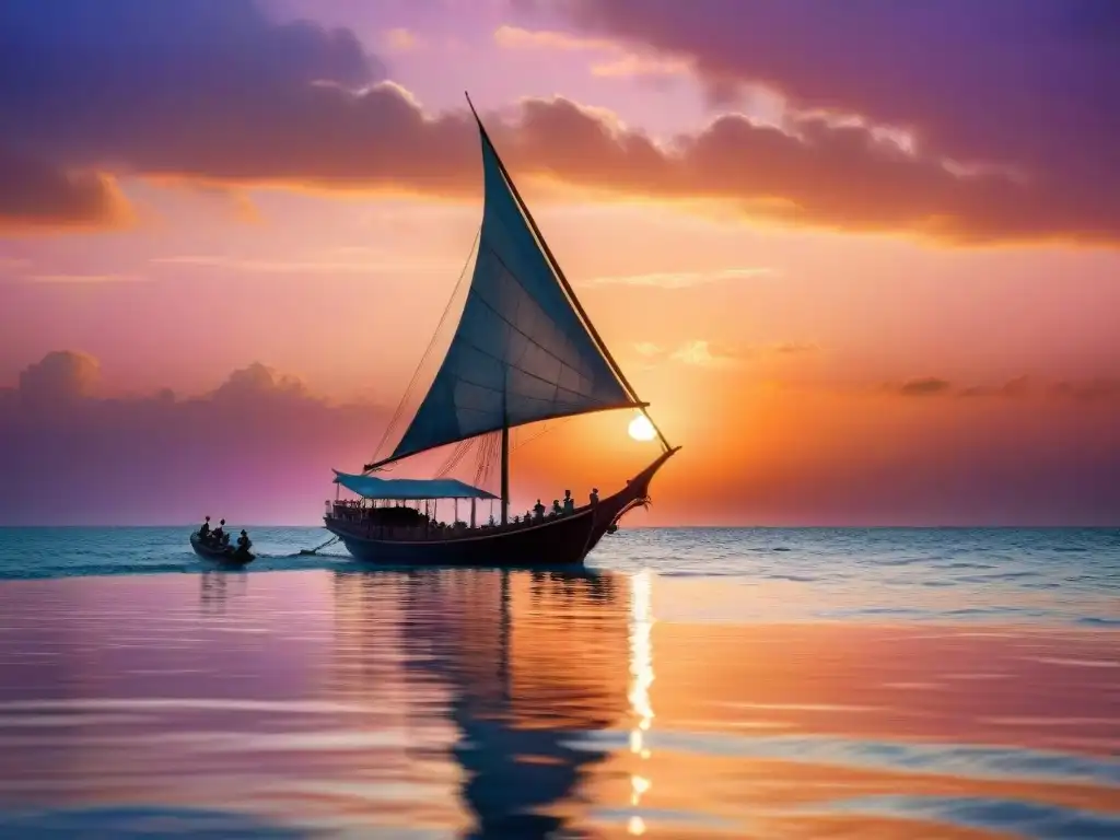 Una dhow africana de madera navega al atardecer en el Océano Índico, destacando las técnicas marítimas de civilizaciones africanas