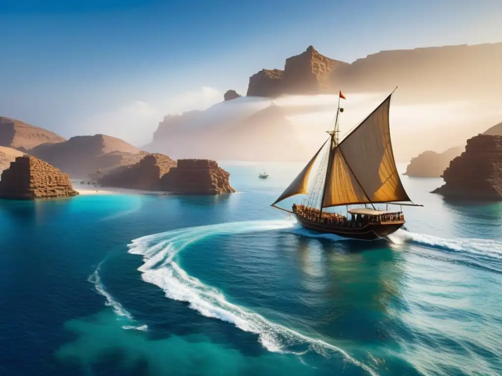 Una dhow de madera navegando en aguas cristalinas del Mar Rojo, con la costa africana al fondo