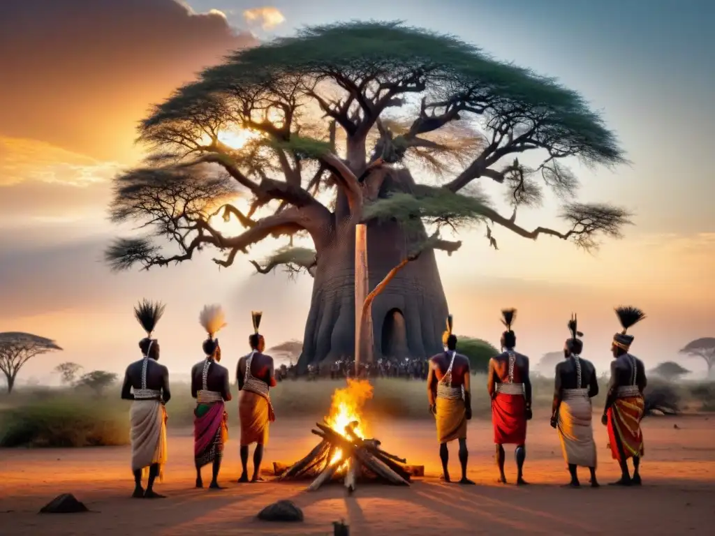 Dialectos sagrados en ceremonias africanas: Ancianos tribales con bastones ceremoniales alrededor del fuego sagrado en la sabana africana al atardecer