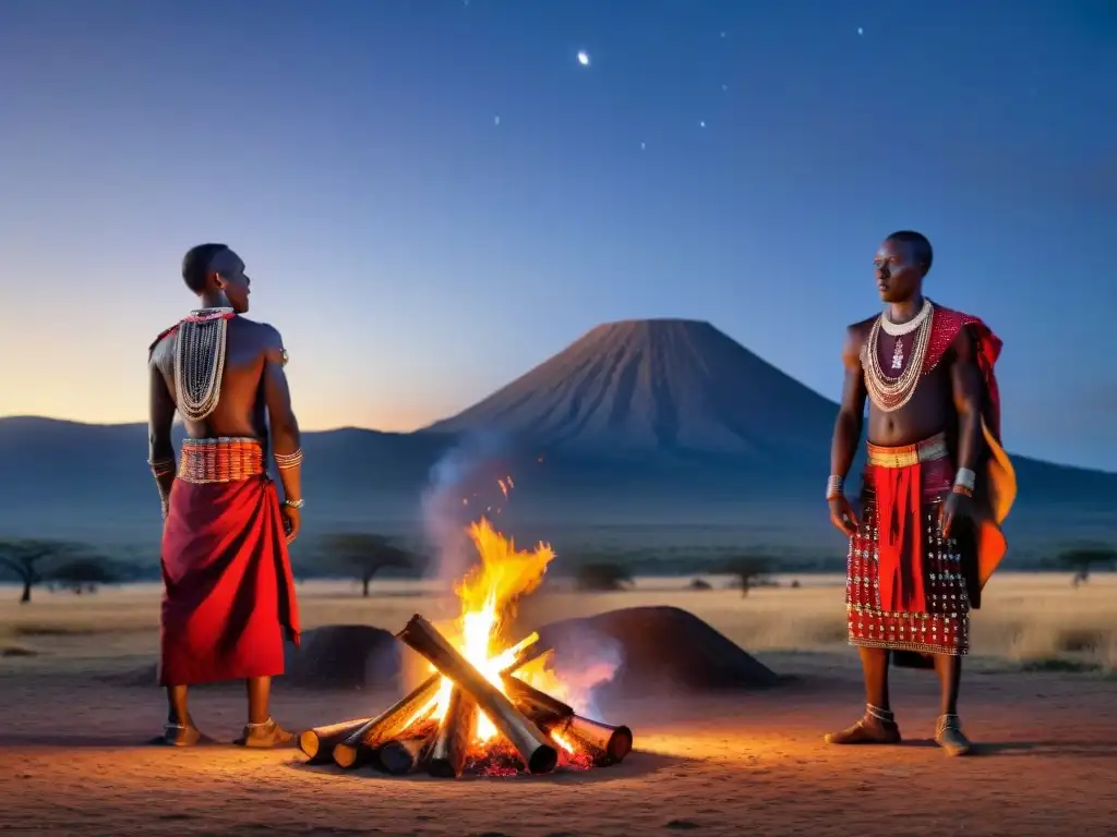 Dialectos sagrados en ceremonias africanas: Guerreros Maasai danzando alrededor de una fogata bajo un cielo estrellado