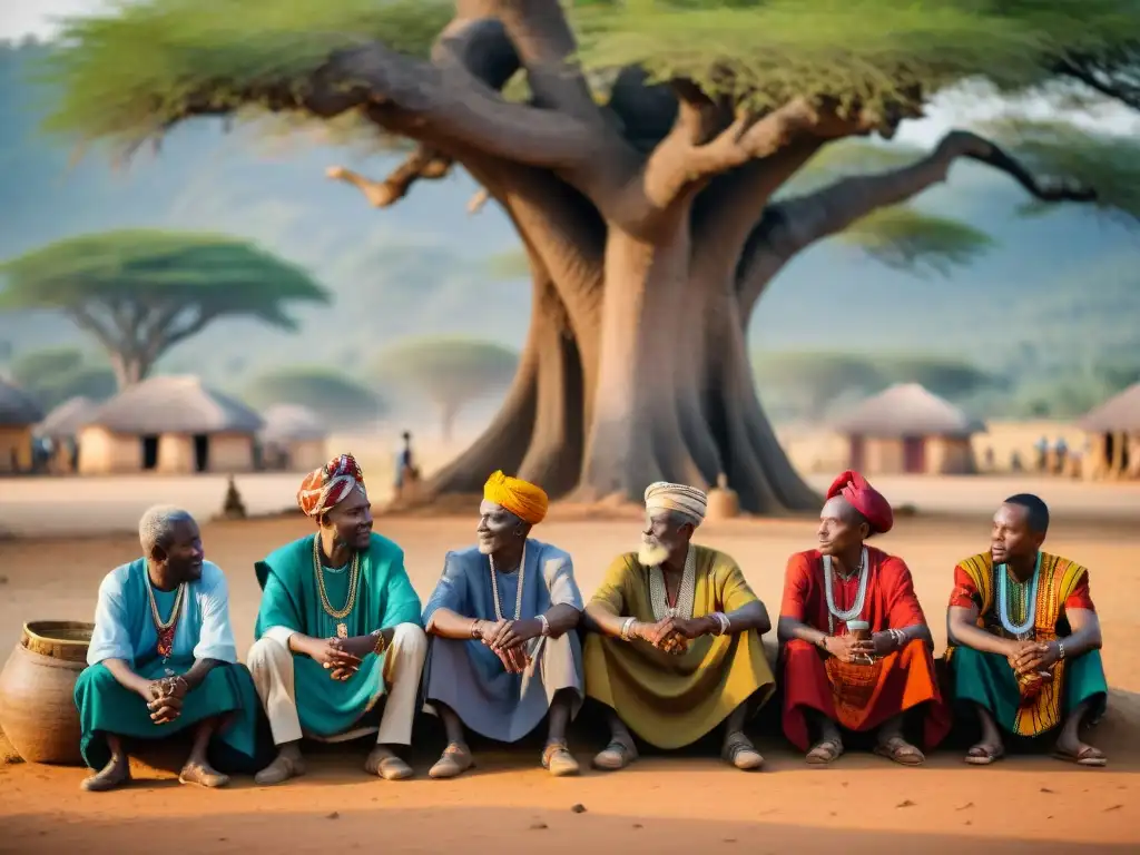 Diálogo ancestral entre ancianos africanos bajo un árbol en la aldea