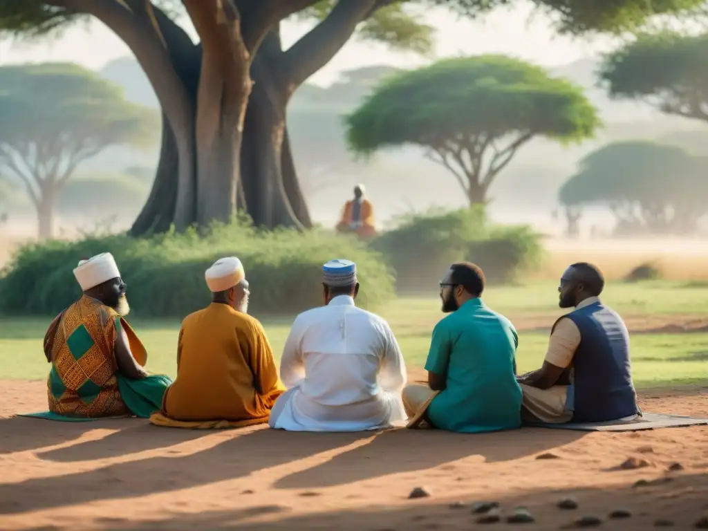 Diálogo pacífico entre líderes religiosos africanos bajo un árbol, representando la unidad y el respeto mutuo