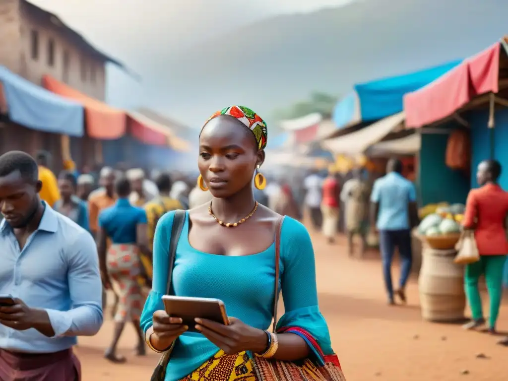 Revolución digital en África: Una calle bulliciosa donde se fusionan mercados tradicionales con tecnología moderna