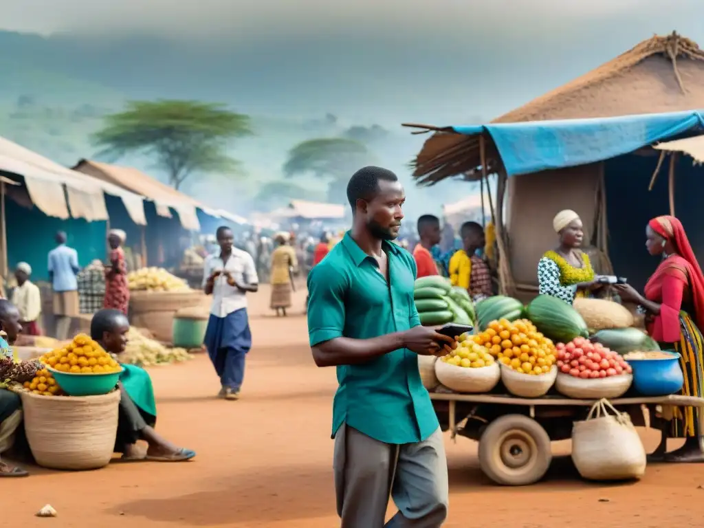 Revolución digital en África: Mercado rural africano vibrante donde se fusiona lo tradicional con lo moderno a través de smartphones