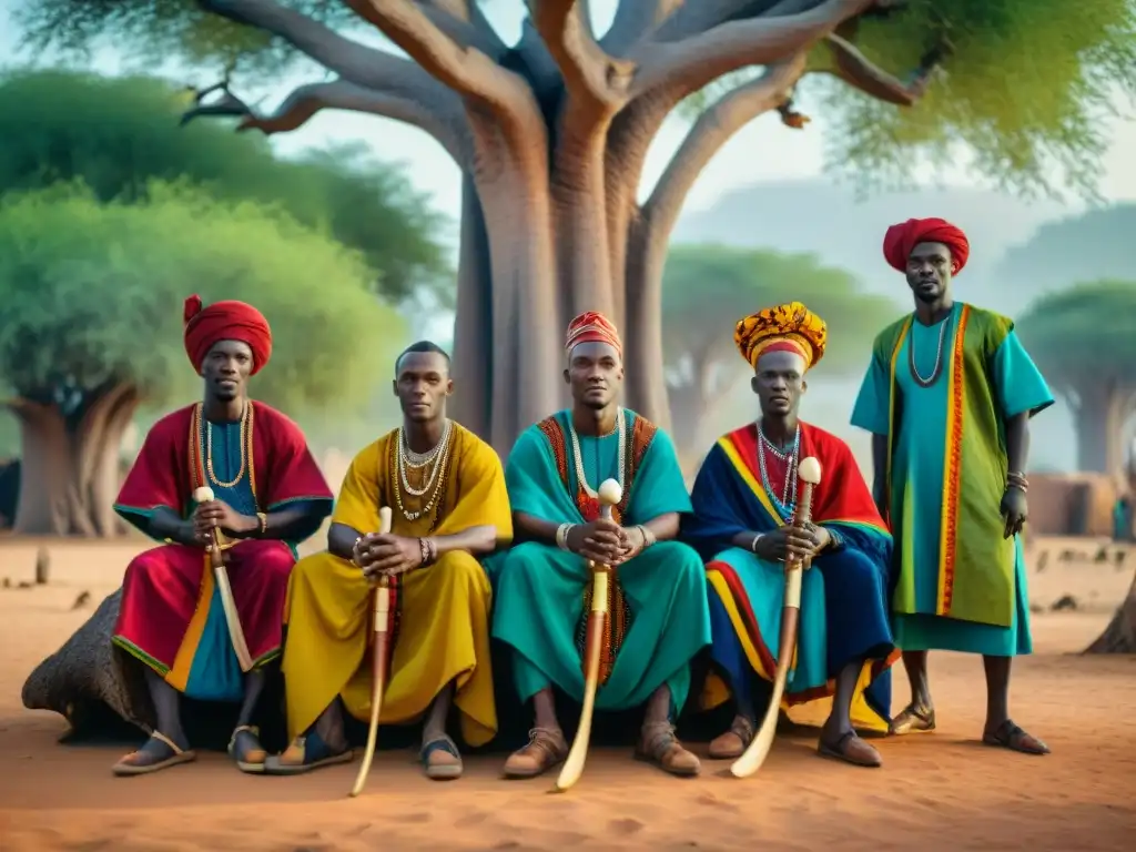 Dinastías Wolof en Senegal: Griots tocando la kora bajo un baobab, vistiendo coloridos atuendos en una aldea senegalesa