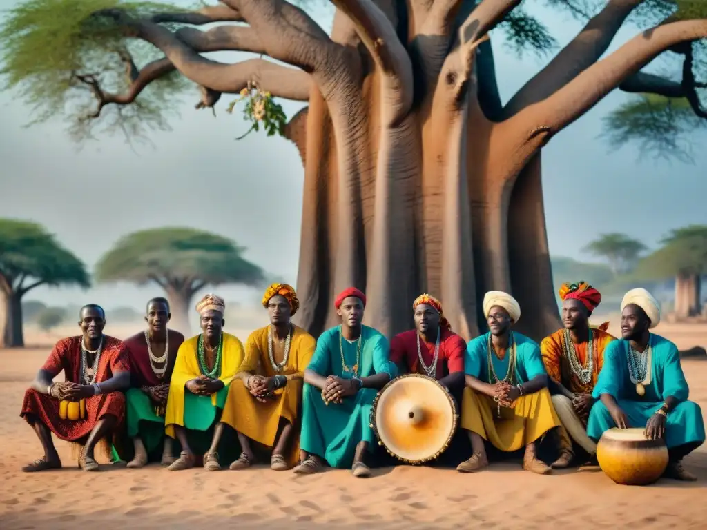 Dinastías Wolof en Senegal: Griots compartiendo historias y canciones bajo un baobab, rodeados de textiles y instrumentos musicales vibrantes