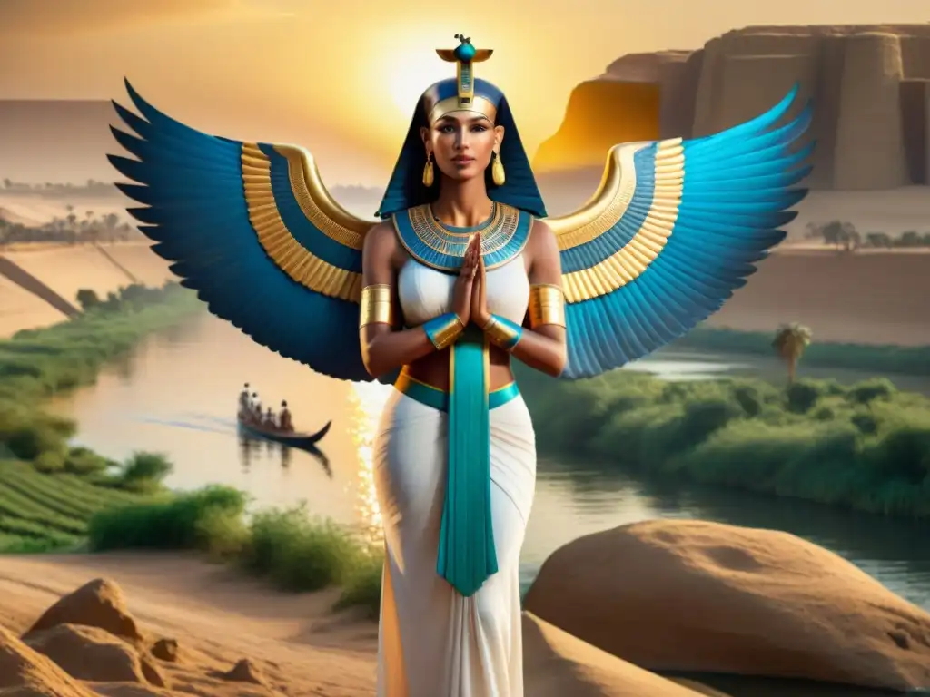 La diosa Isis con sus alas extendidas en las riberas del Nilo, reflejando el poder curativo del Nilo influencia al atardecer