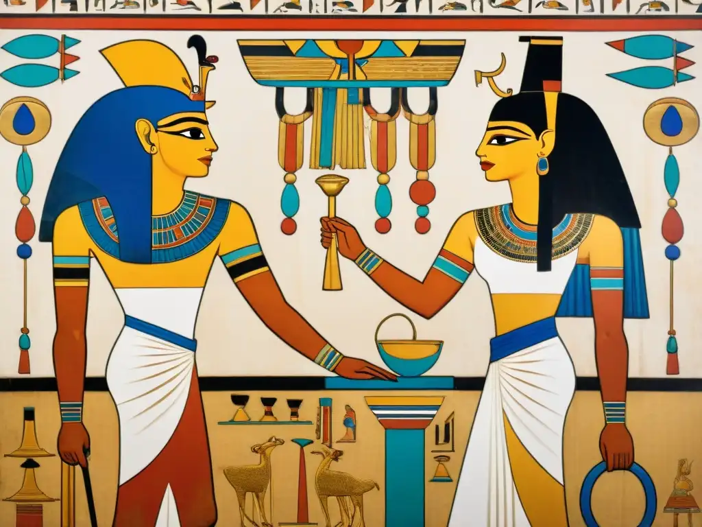 Diplomacia en el antiguo Egipto: detallada pintura mural de la ceremonia de matrimonio entre el faraón y una princesa extranjera
