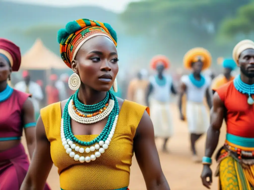 Diplomacia cultural en civilizaciones africanas: Un vibrante festival cultural con danzas tradicionales, coloridos trajes y artesanías detalladas