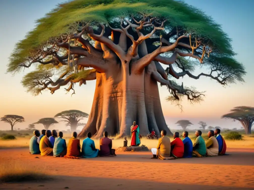 Reunión diplomática de líderes africanos bajo un baobab al atardecer en la sabana