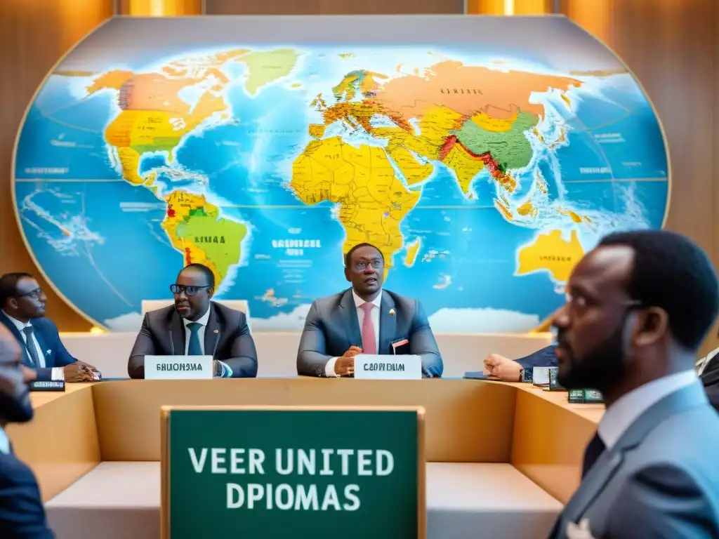 Representación de diplomáticos africanos en conferencia de la ONU, destacando la influencia global de las civilizaciones africanas en la diplomacia