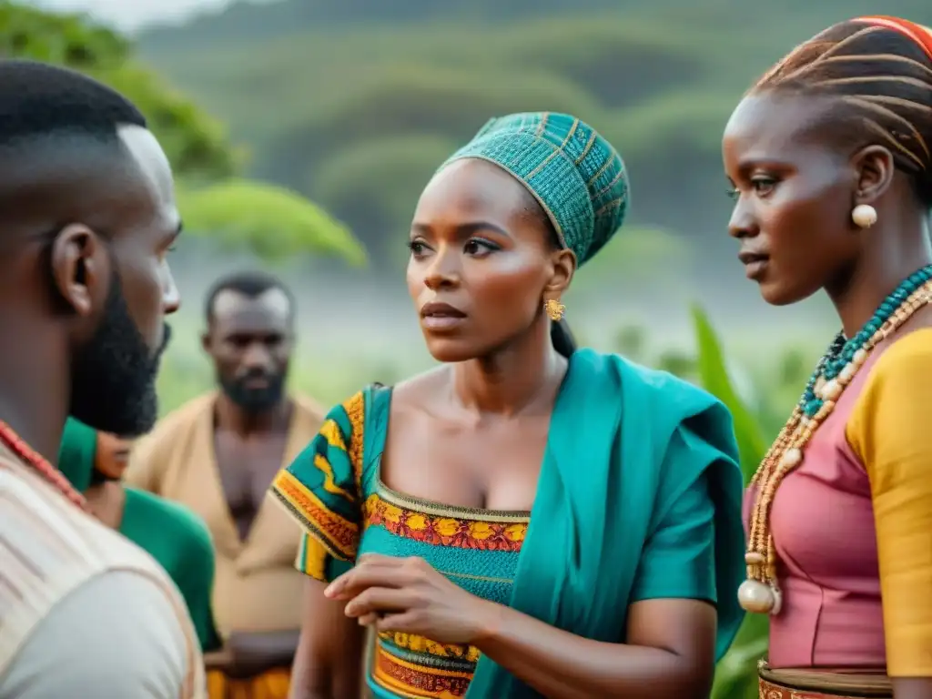 Filmación en África: directora negra dirige escena en la naturaleza con actores y lugareños, creando adaptación de cuentos africanos cine