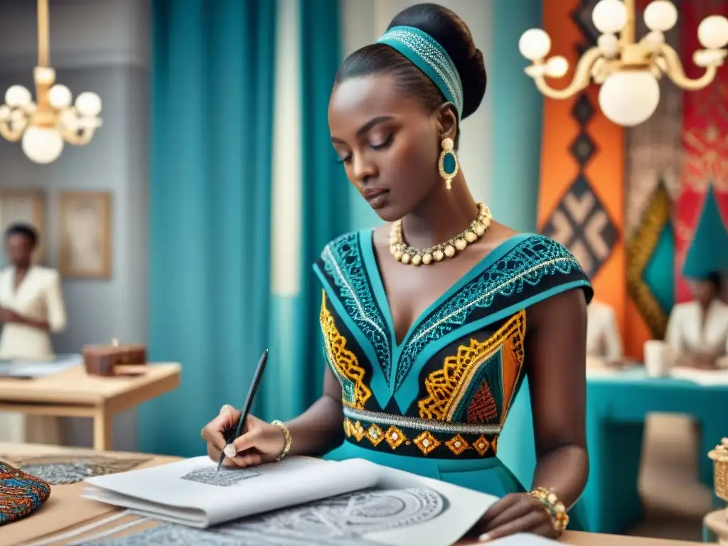 Un diseñador de moda europeo dibuja un vestido de alta costura inspirado en patrones y textiles africanos, rodeado de modelos africanas