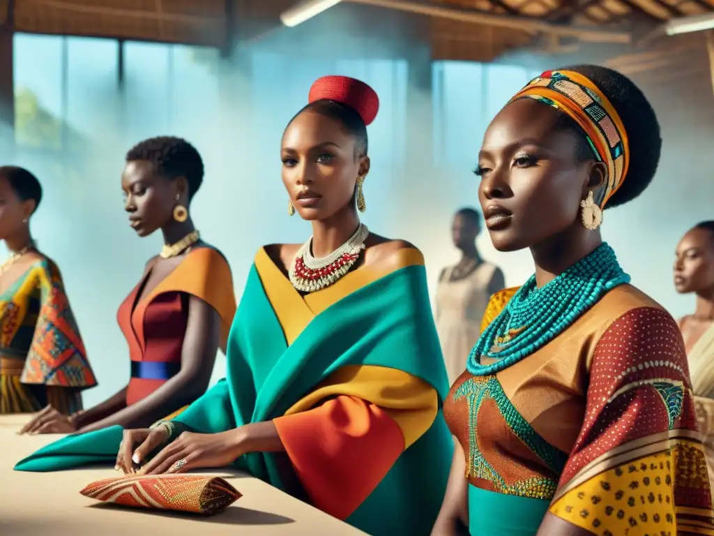 Diseñadores africanos creando moda sostenible en un estudio colorido y lleno de luz solar