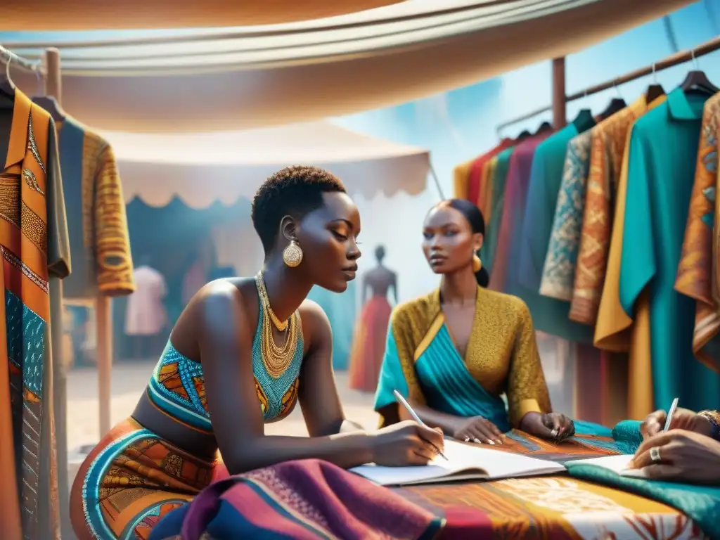 Diseñadores africanos creando moda única en mercado vibrante, fusionando historia y modernidad