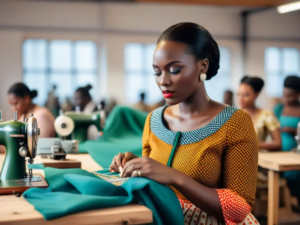 Diseñadores africanos creando moda vintage con influencia de África en taller colorido y lleno de vida