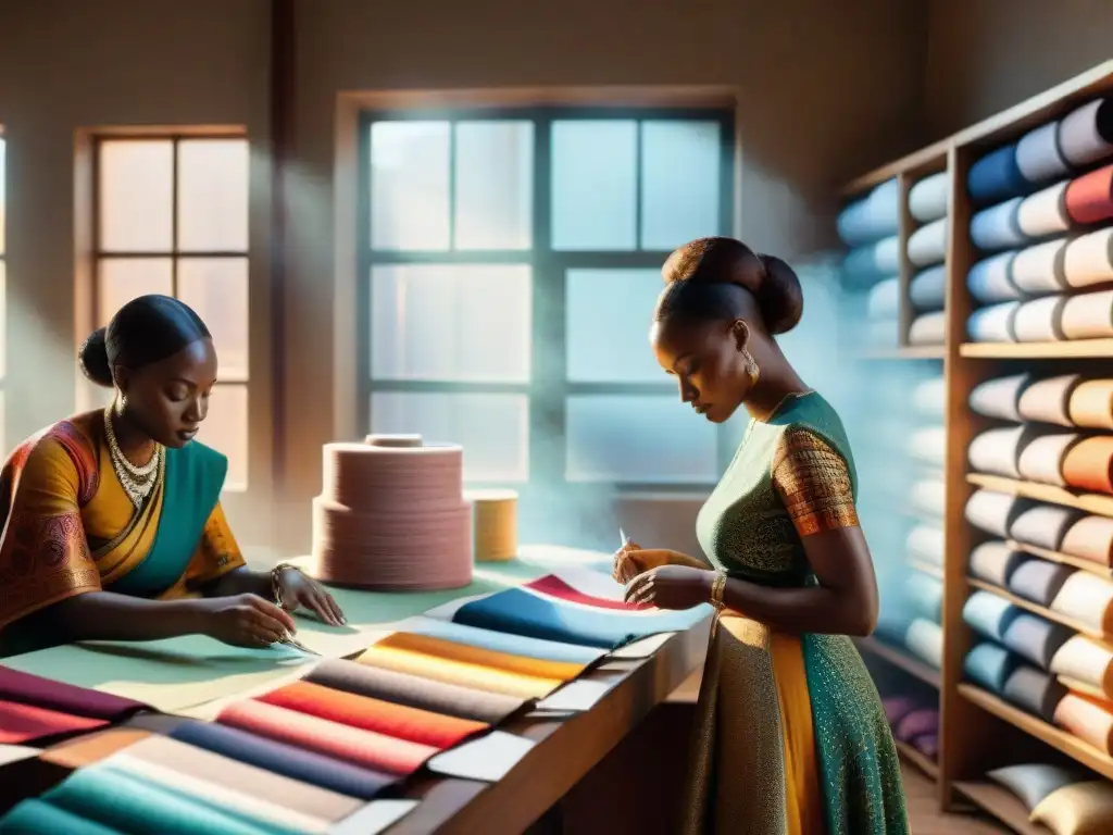 Diseñadores africanos seleccionando telas vibrantes en atelier Diseñadores africanos eligen paletas de colores en atelier con simbolismo moda africana