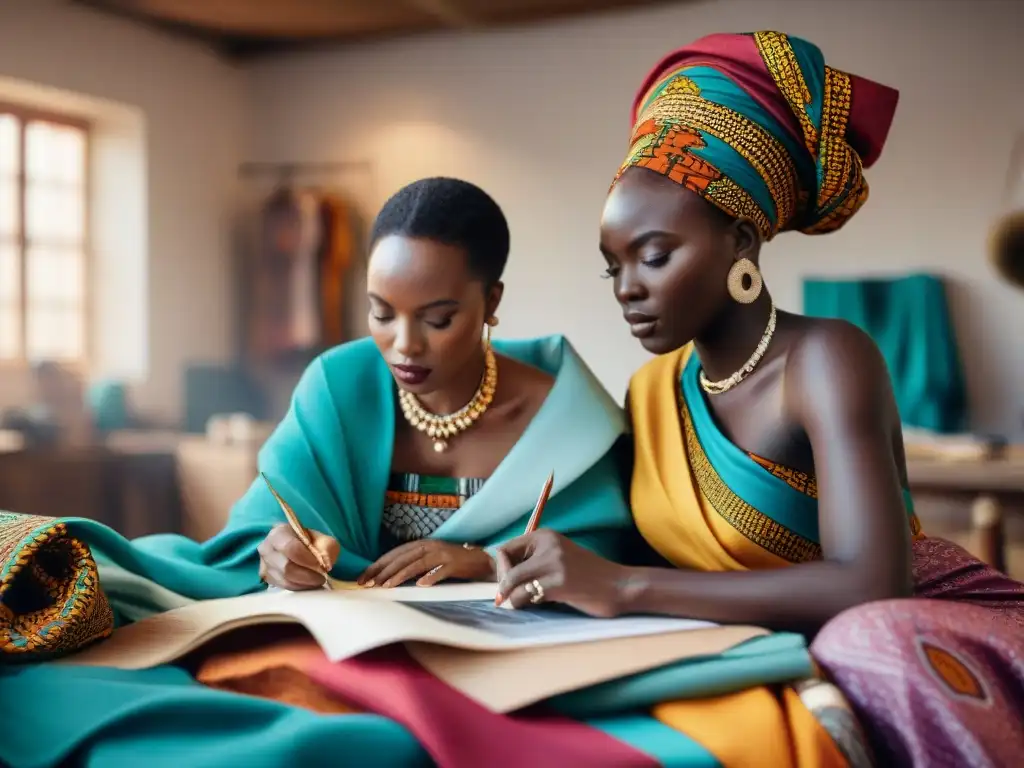 Inspiración moda diseño África: Diseñadores africanos colaboran en colección, rodeados de telas y herramientas de costura