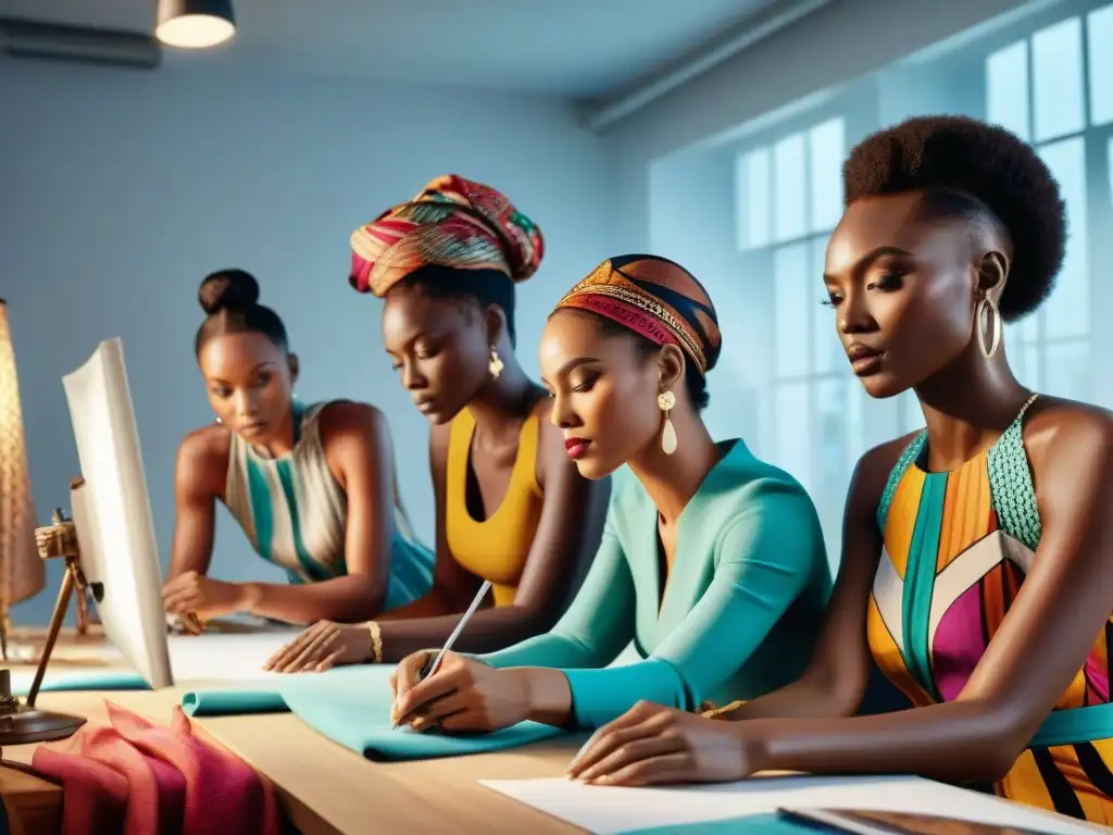 Diseñadores de moda africana inmersos en creatividad en estudio moderno y elegante