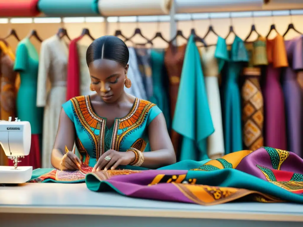 Diseñadores de moda africana crean prendas tradicionales en bullicioso mercado, rodeados de telas vibrantes y bordados