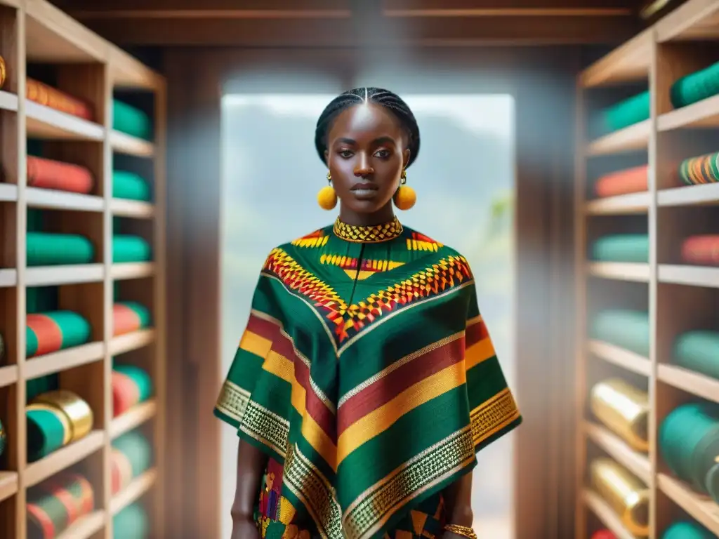 Diseño de textiles africanos influencia: Un Kente elaborado en vibrantes colores, patrones geométricos y detalles intrincados en un maniquí de madera