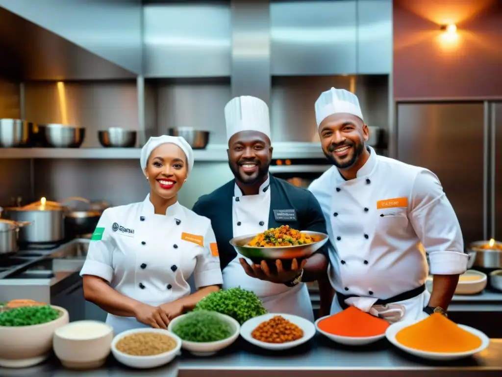 Diversidad de chefs africanos en cocinas tradicionales, mostrando platos vibrantes