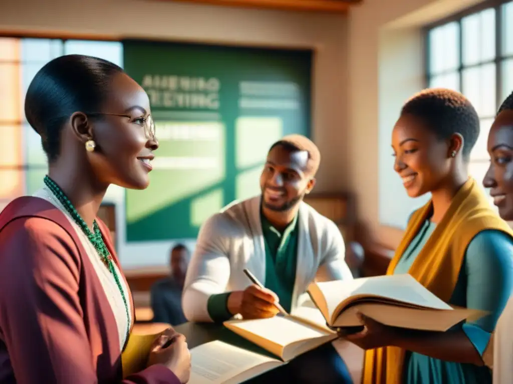 Diversidad en la educación superior: Estudiantes africanos debaten en aula universitaria iluminada por la luz del sol