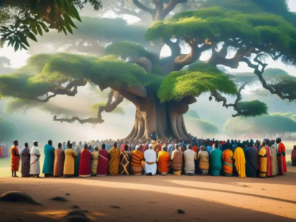 Diversidad religiosa en África: Grupo de personas de diferentes tribus se reúnen bajo un árbol para ceremonia religiosa