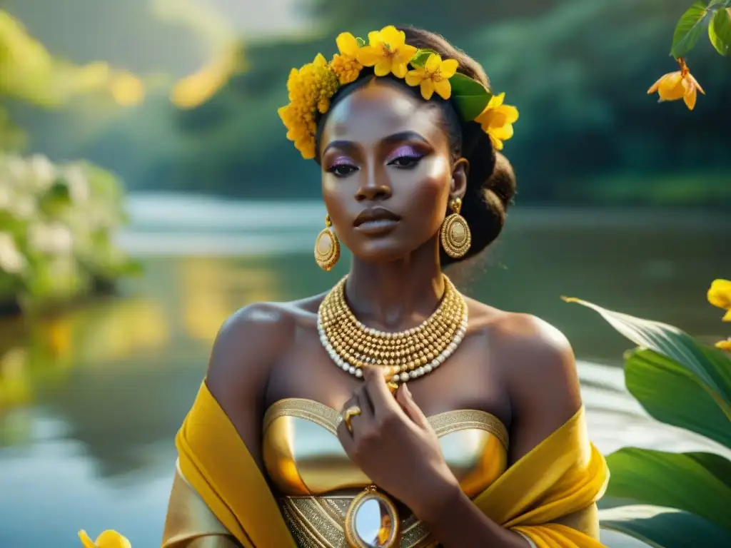 Una divinidad femenina en África: Oshun, diosa del amor y la fertilidad, con joyas doradas, vestimenta amarilla y espejo, junto al río