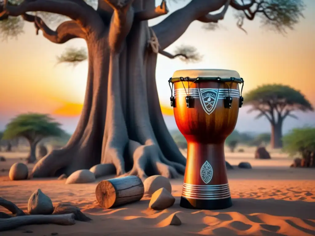 Un djembé africano divino terrenal bajo un baobab al atardecer