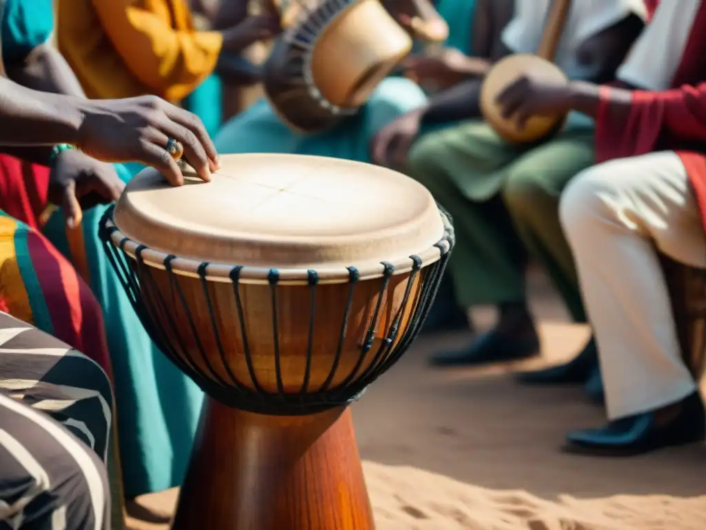 Un djembé africano tradicional es tocado en un animado pueblo, rodeado de músicos mostrando la herencia cultural de África