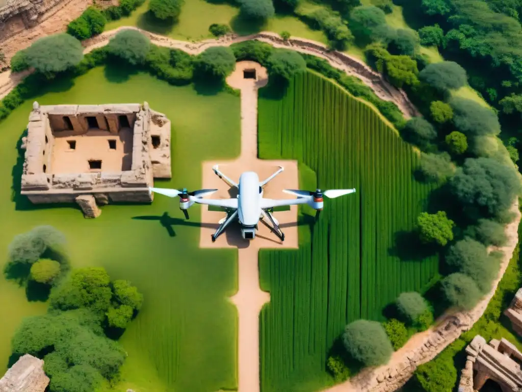 Exploración con drones sobre ruinas africanas, preservación del patrimonio arqueológico africano