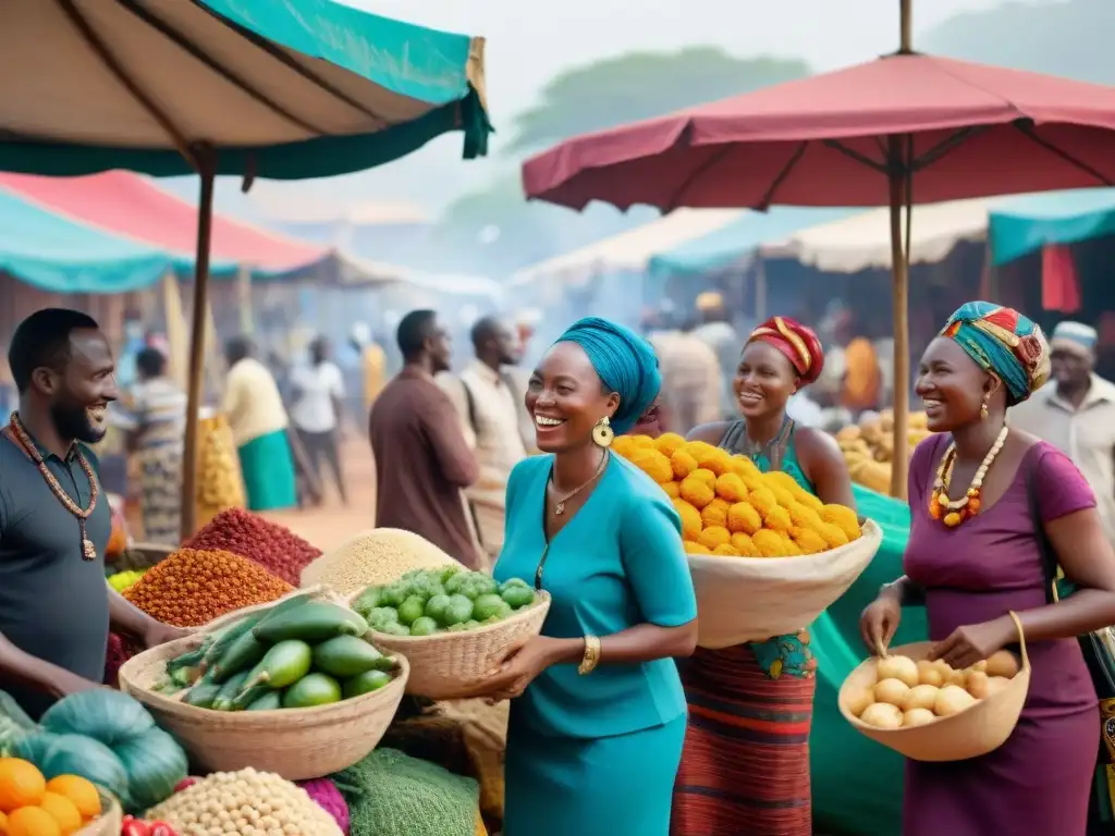 Transformación económica a través del conocimiento: Mercado africano bullicioso con vendedores y clientes interactuando animadamente