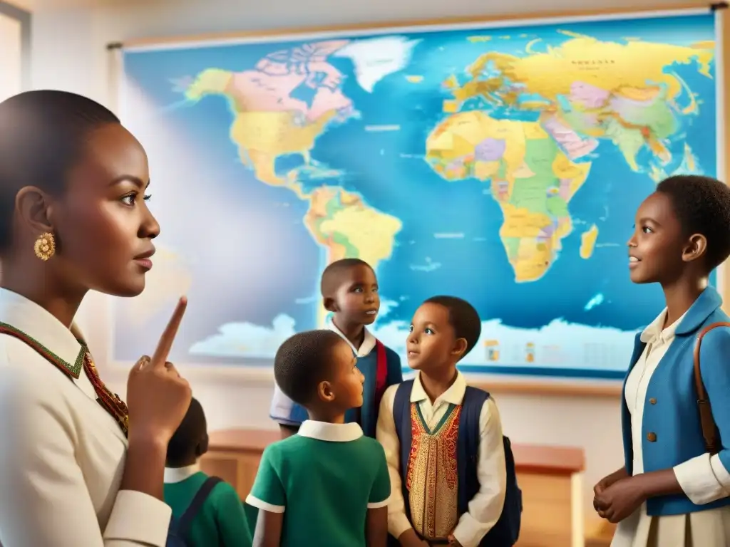 Una educadora africana enseña sobre patrimonio africano a niños diversos en aula colorida y animada