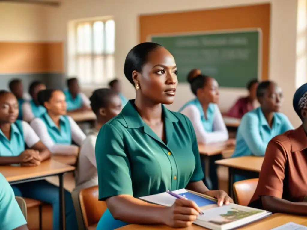 Educadoras africanas empoderando a estudiantes de diversas edades y orígenes en un aula vibrante y educativa