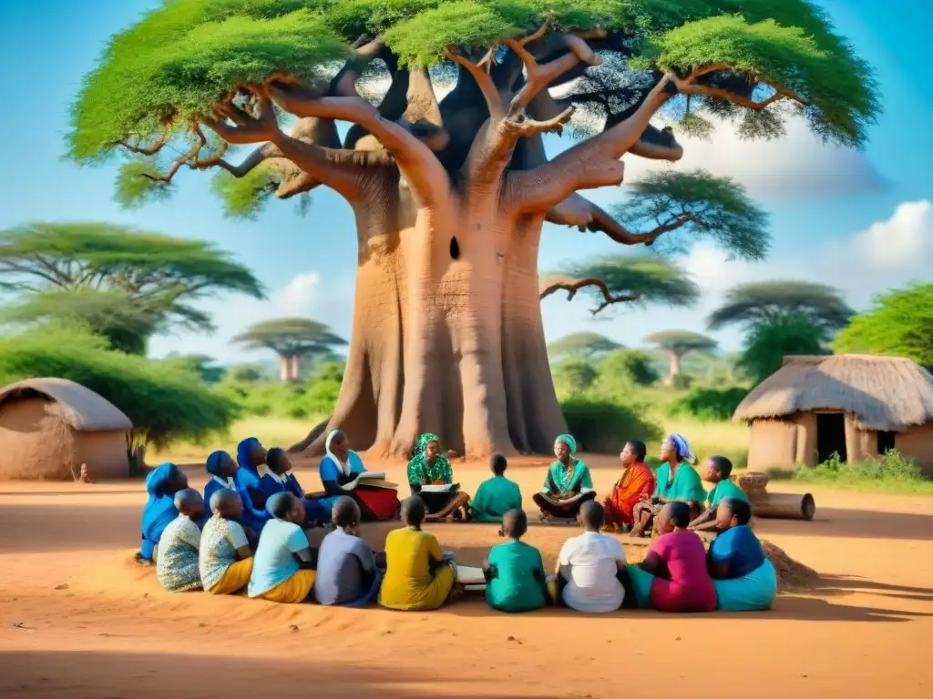 Educadoras africanas inspirando transformación a la sombra del baobab, rodeadas de niños aprendiendo con entusiasmo