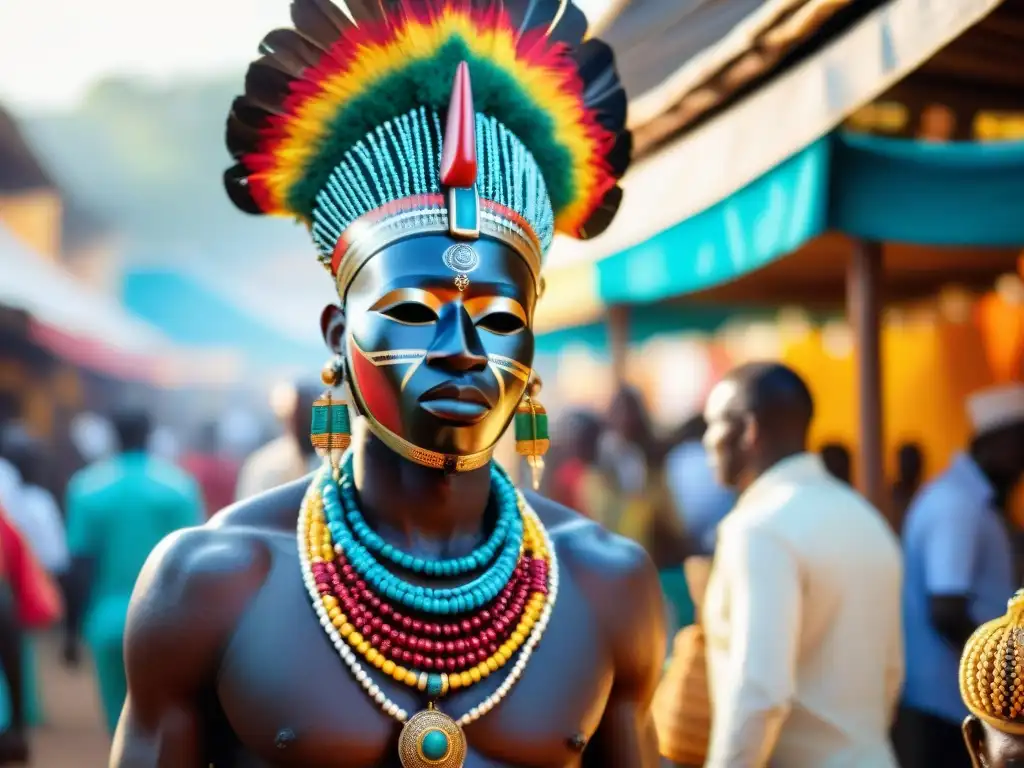 Un elaborado y colorido mascarón africano en un bullicioso mercado al aire libre