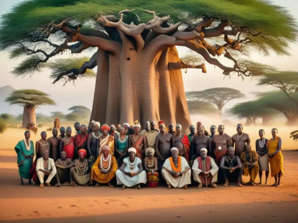 Elders africanos cuentan genealogía bajo baobab al atardecer